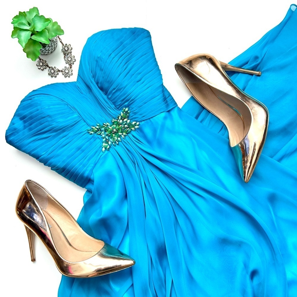 La Femme Strapless Turquoise Blue Maxi Dress Gown Ruched Crystal Embellished 0